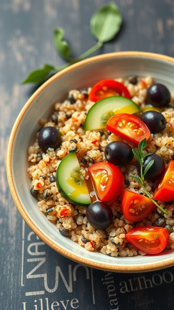 A Mediterranean quinoa bowl with colorful vegetables like tomatoes, cucumbers, and olives.