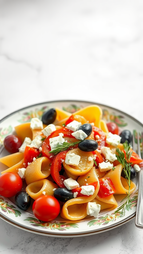 A plate of Mediterranean tortellini with olives, feta cheese, tomatoes, and bell peppers.