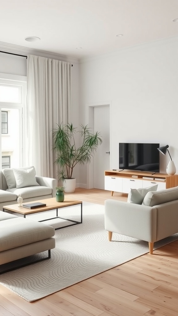 A stylish Scandinavian living room with minimalist furniture, featuring a light color palette and cozy decor.