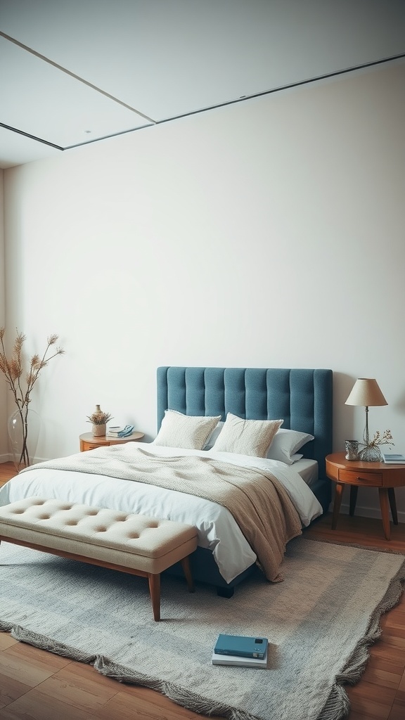 Cozy bedroom featuring misty blue and beige tones with a bed, side tables, and decorative elements.