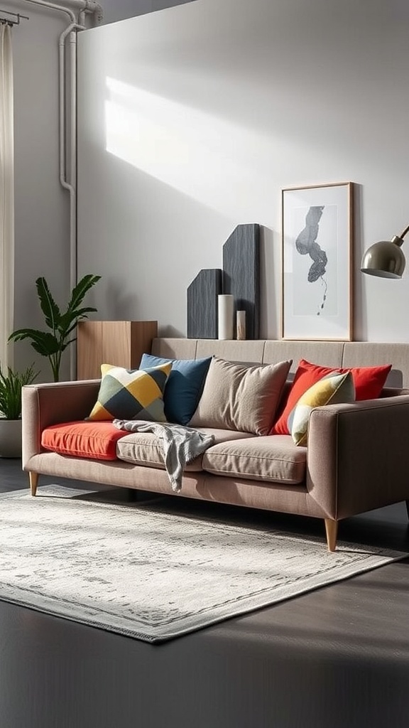 A stylish modular sofa with mixed materials and colorful cushions in a bright living room.