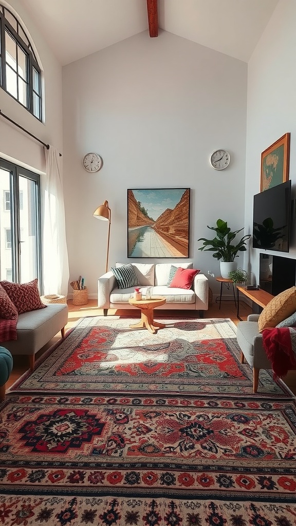 A cozy living room with layered rugs, showcasing a deep-pile rug under a flat woven rug.