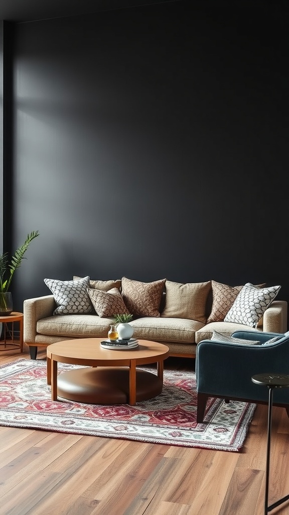 Living room featuring a matte black accent wall with a mix of patterned cushions and a colorful rug.