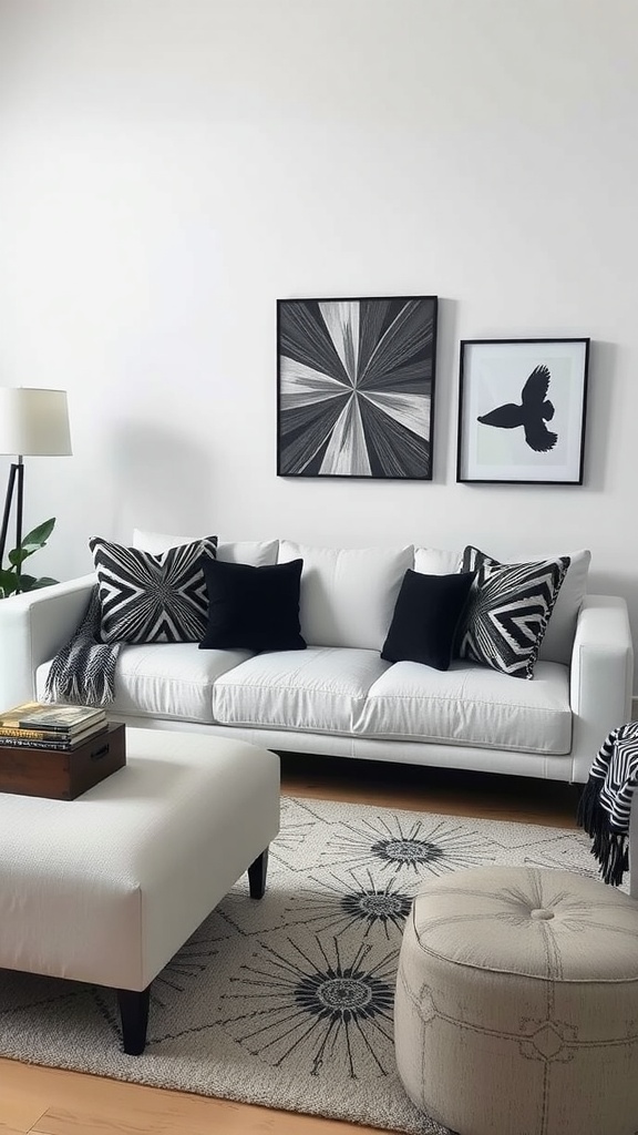 Cozy living room with white sofa and black geometric patterned pillows.