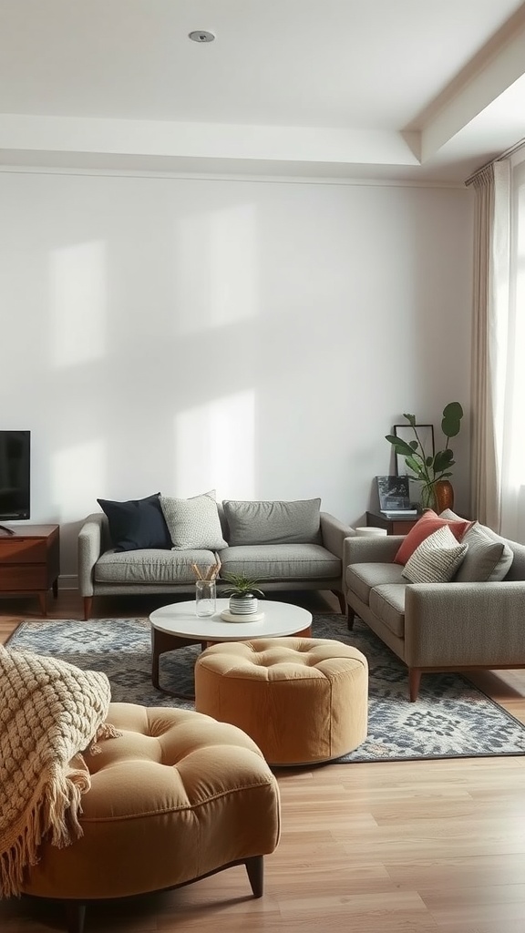 A cozy minimalist living room with a mix of textures in furniture and decor.