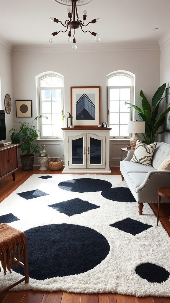A stylish living room featuring a soft white area rug with black geometric patterns.