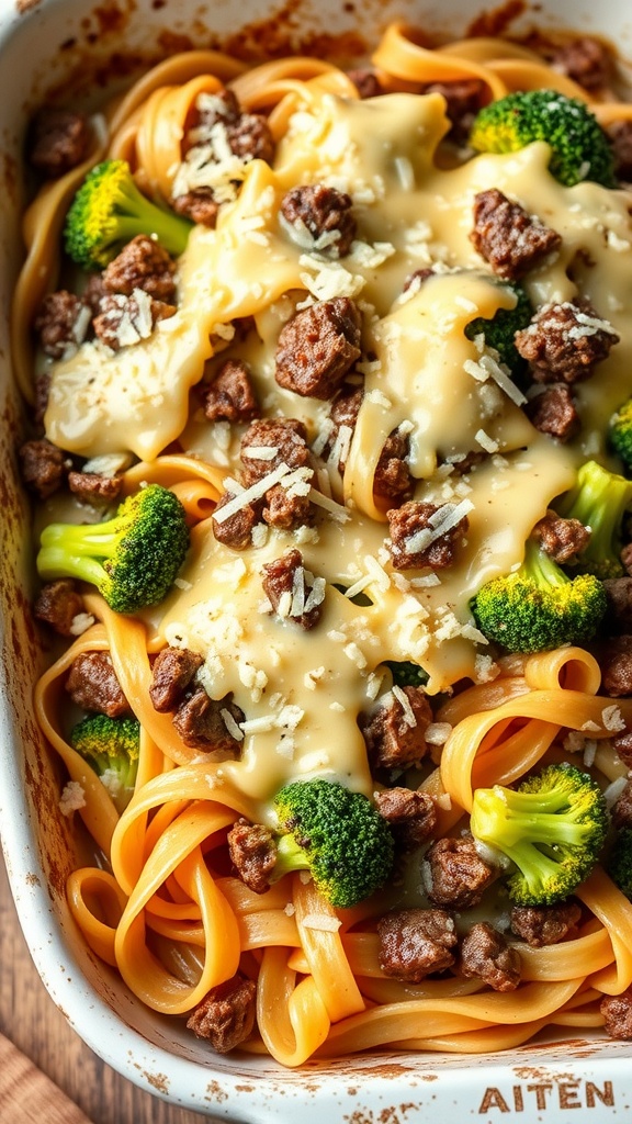 A delicious Mongolian Beef and Broccoli Noodle Bake with noodles, broccoli, and cheese.