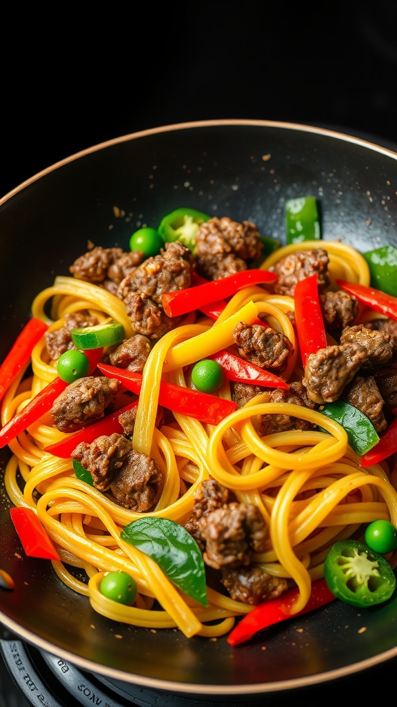 A vibrant stir-fry featuring Mongolian beef, egg noodles, and colorful vegetables in a black wok.