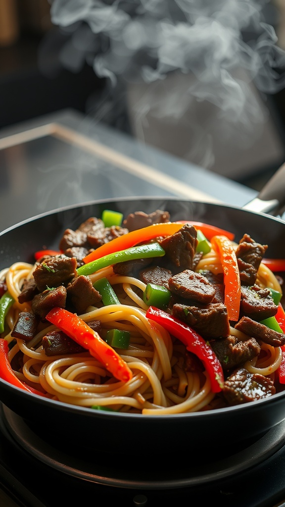 A delicious stir-fry of Mongolian beef with udon noodles, featuring colorful bell peppers.
