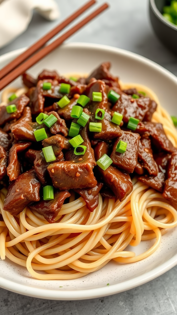 Mongolian beef served with soba noodles and topped with green onions