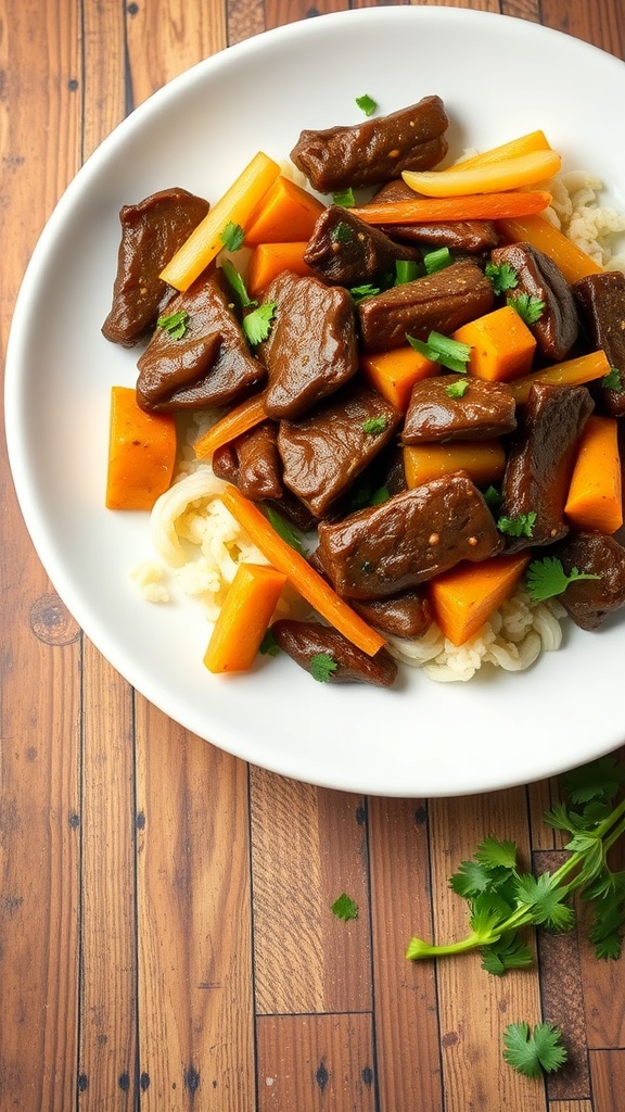A plate of Mongolian beef with vegetables served over noodles.