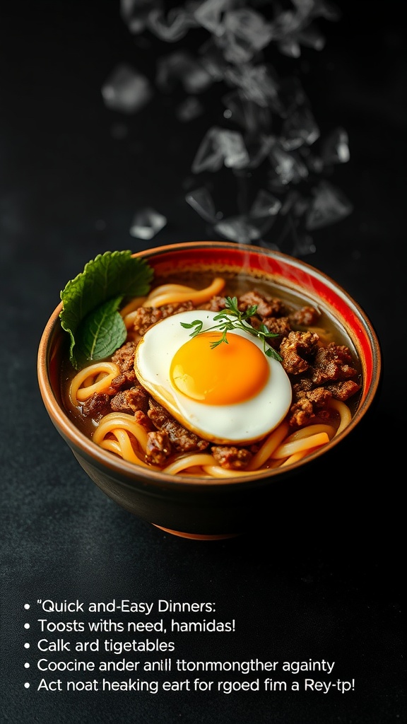 A bowl of Mongolian ground beef ramen topped with a poached egg and herbs.