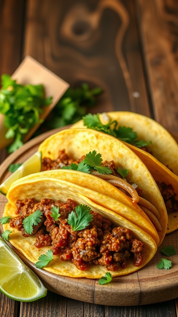 Delicious Mongolian ground beef tacos served with cilantro and lime on a wooden plate.