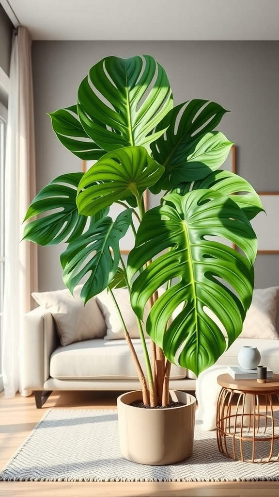 A Monstera Deliciosa plant with large split leaves in a neutral pot, placed in a modern living room.
