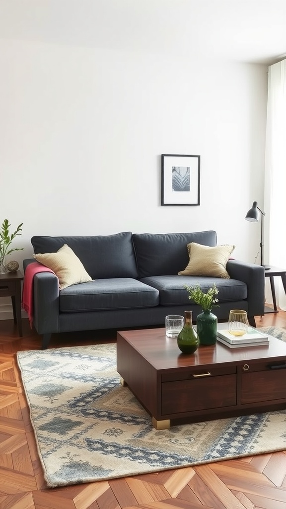 A cozy living room with a dark sofa, a stylish coffee table, and decorative elements.