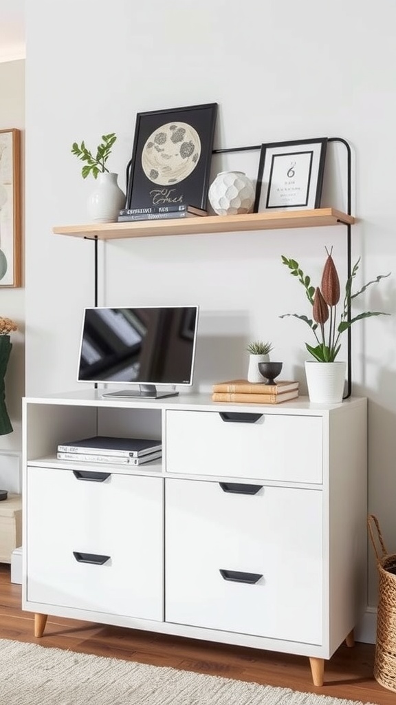 A cozy living room with a multifunctional TV unit, framed pictures on the wall, and a stylish clock.