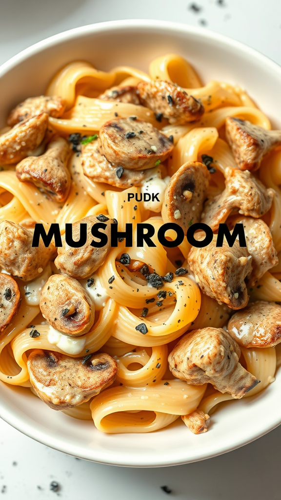 A delicious bowl of Mushroom Alfredo Chicken Pasta, featuring creamy sauce, tender chicken, and sautéed mushrooms.