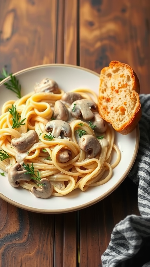 Plate of Mushroom Alfredo pasta with a piece of bread on the side