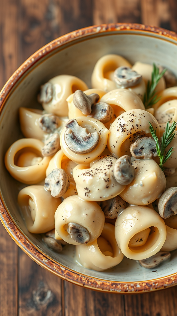 A bowl of Mushroom Alfredo Tortellini with sliced mushrooms and black pepper
