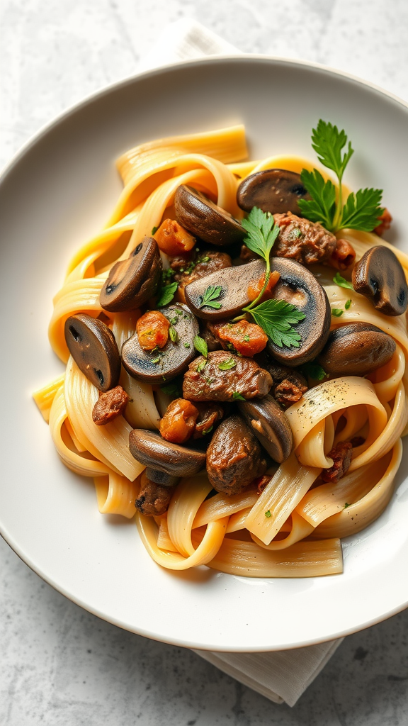 A plate of creamy mushroom and beef bowtie pasta garnished with parsley.