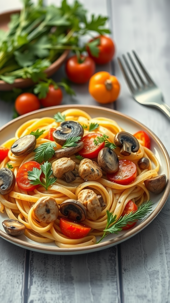 A plate of mushroom chicken pasta primavera featuring fettuccine, sliced mushrooms, cherry tomatoes, and fresh herbs.