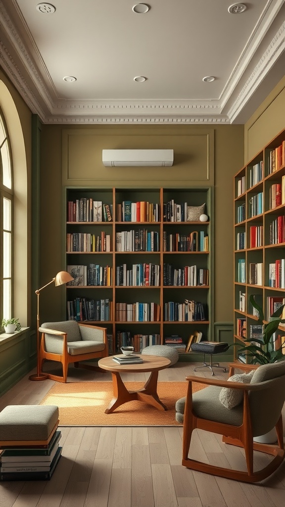 A cozy library with muted olive green walls, wooden bookshelves filled with books, and comfortable seating.