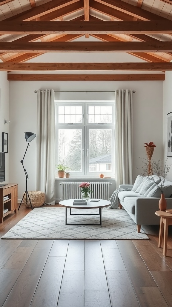 A bright Scandinavian living room with wooden beams, a cozy sofa, and plants by the window.