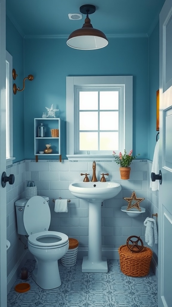 Nautical vintage bathroom with blue walls, white fixtures, and seaside decor.