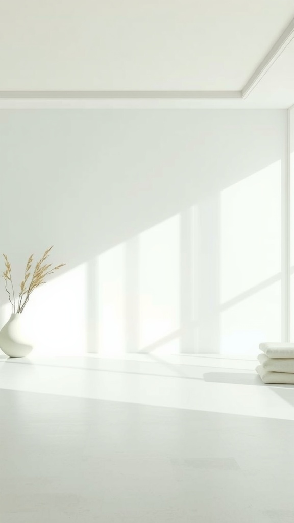 A bright, minimalist room with neutral colors, featuring a vase and stacked towels.