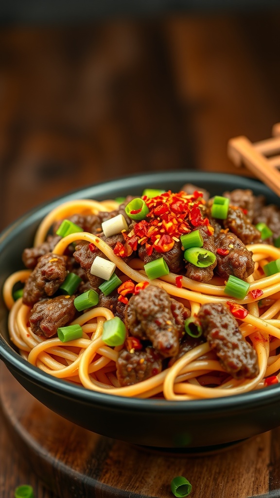 A bowl of noodles topped with ground beef and hoisin sauce, garnished with green onions and chili flakes.