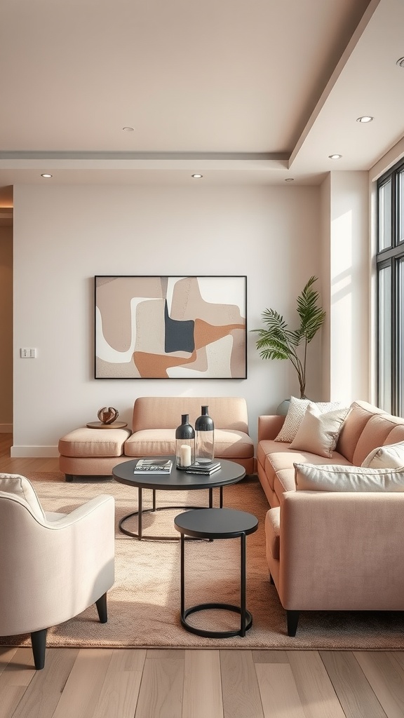 A cozy living room featuring nude pink furniture and decor.