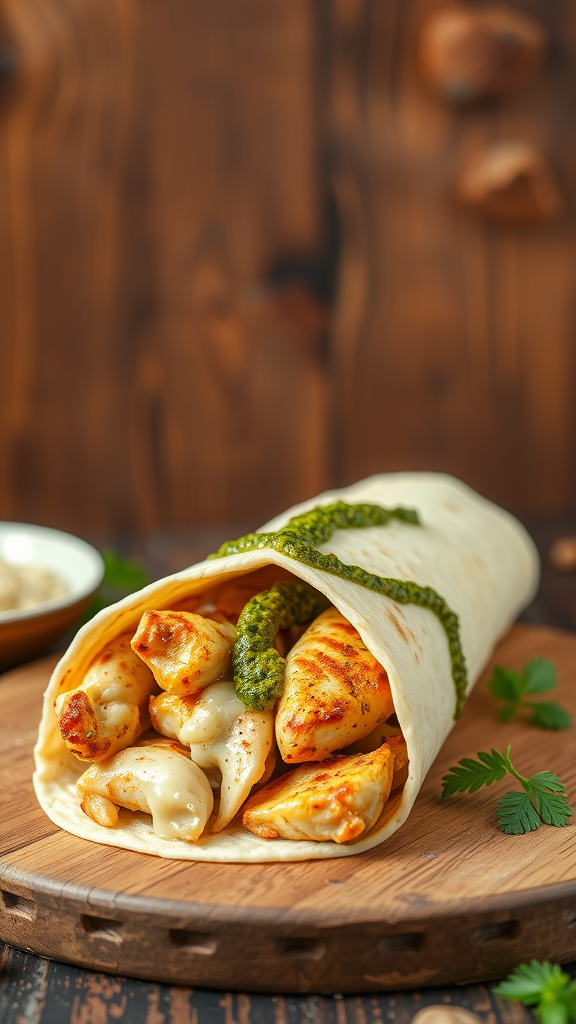 Healthy cheesy garlic chicken wrap with nut-free pesto drizzled on top