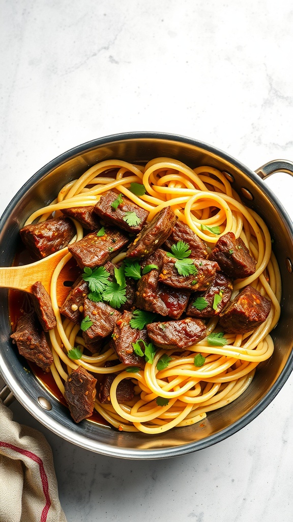 A delicious one-pan beef and noodles dish, featuring ground beef, spaghetti, and vegetables.