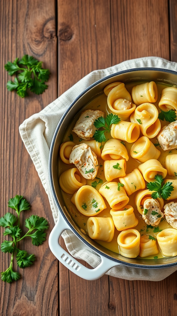 A pot of creamy garlic chicken tortellini with fresh parsley on a wooden table.