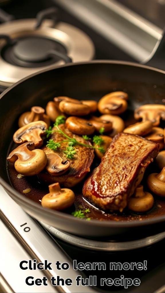 A pan with garlic butter steak and mushrooms cooking on a stove.