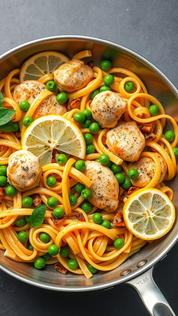 A pan of lemon chicken pasta with peas and lemon slices.