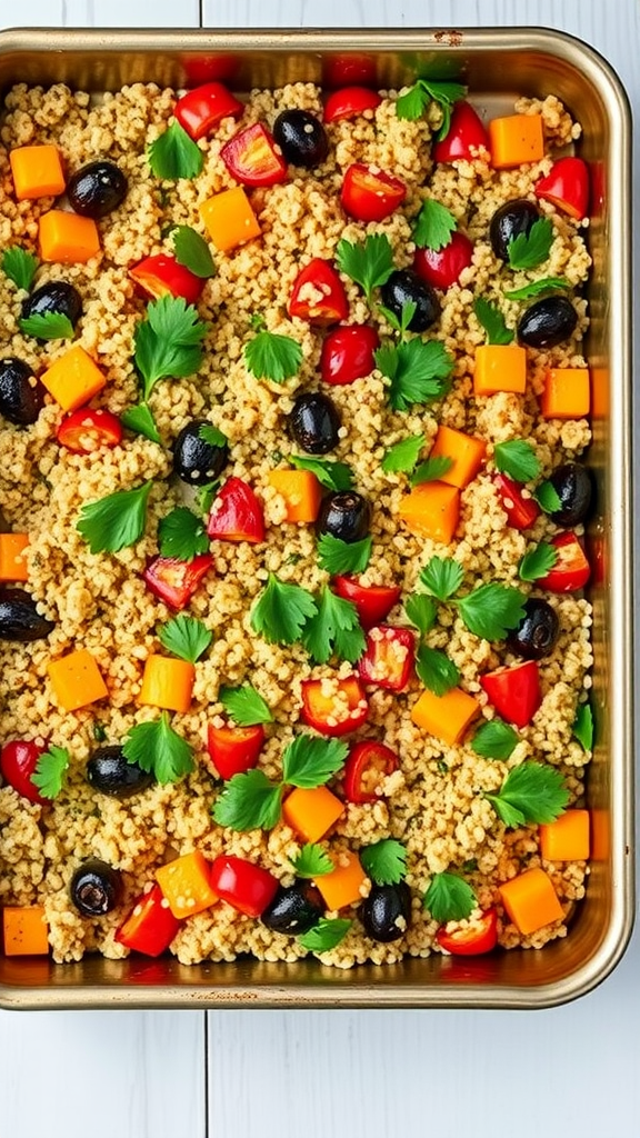 A colorful one-pan quinoa and veggie bake with red and yellow bell peppers, black olives, and fresh cilantro.