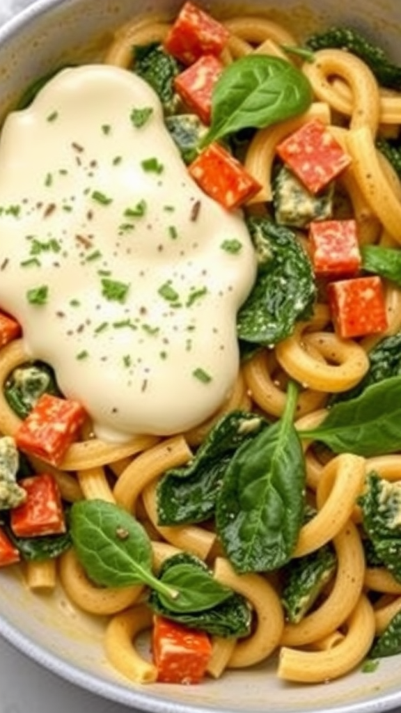 A close-up of creamy spinach and artichoke pasta with basil