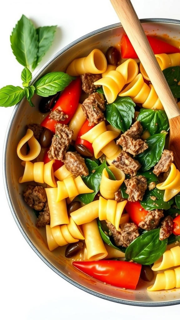 A colorful one-pot dish featuring bowtie pasta, beef, spinach, and bell peppers.