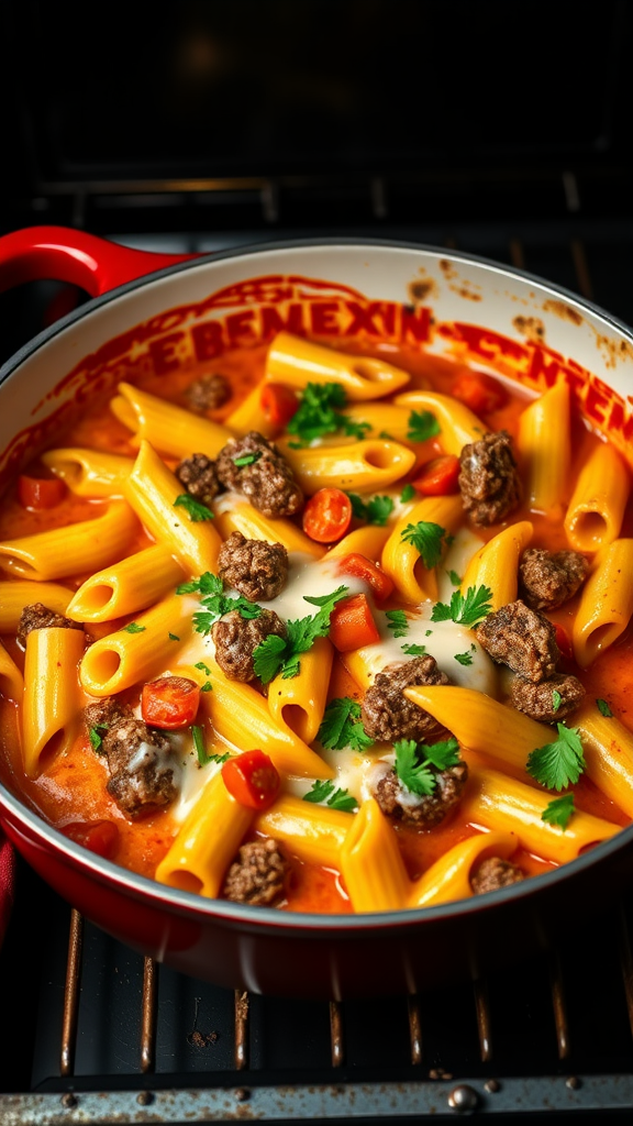 A pot of creamy beef and bowtie pasta with cheese, garnished with tomatoes and herbs.