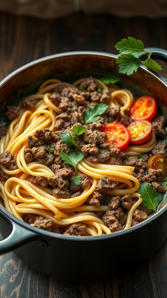 A hearty one-pot meal featuring noodles and ground beef garnished with fresh tomatoes and herbs.