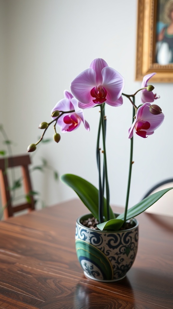 A beautiful orchid plant in a decorative pot on a wooden table.