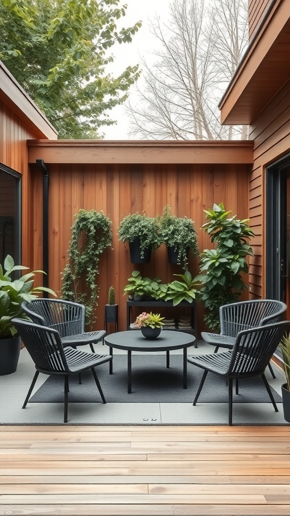 A stylish outdoor seating area featuring black chairs and a table surrounded by greenery.