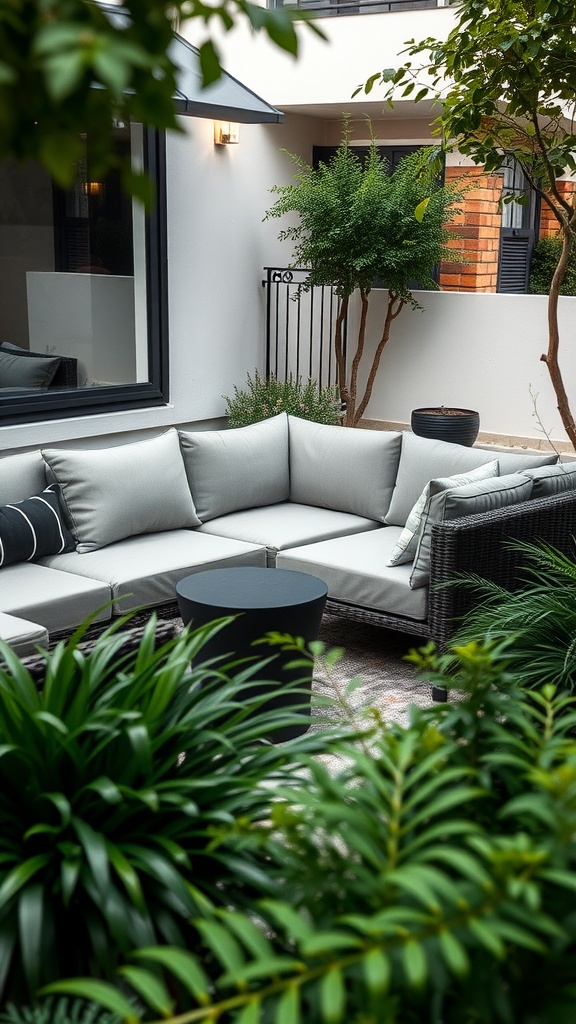 Stylish outdoor modular sofa nestled among greenery