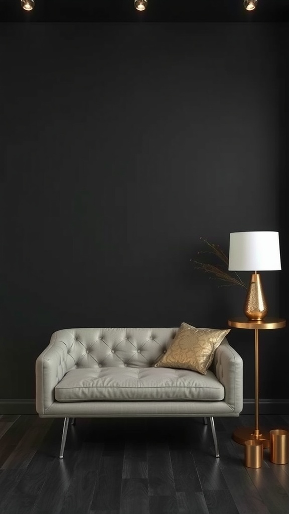 A stylish living room featuring a matte black accent wall, a light gray couch, and a golden metallic lamp.