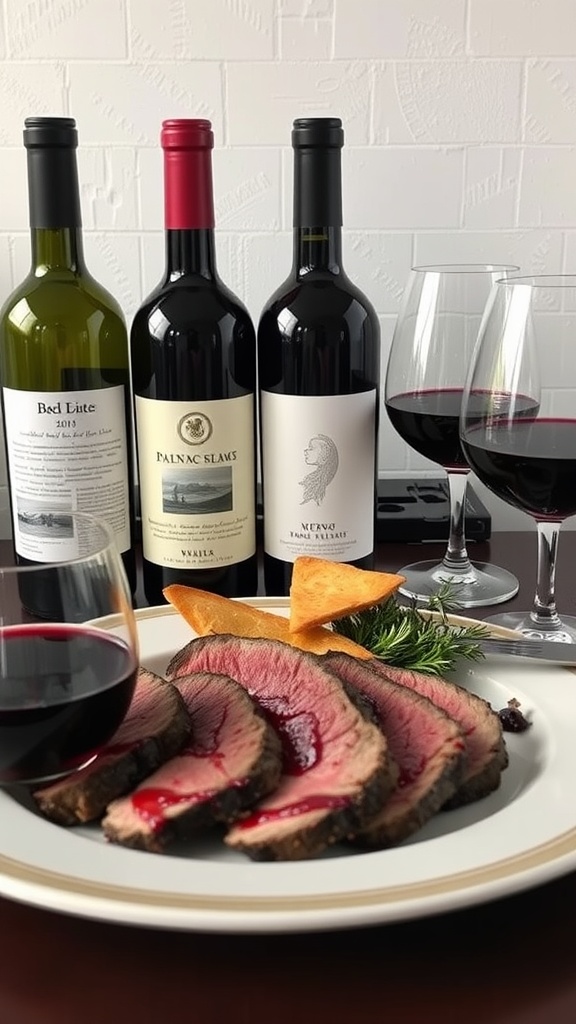 A plate of garlic butter steak bites with red wine and wine bottles in the background.