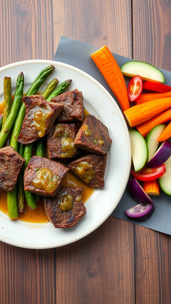A plate of garlic butter steak bites with green asparagus and a side of fresh vegetables including carrots, cucumbers, and tomatoes.