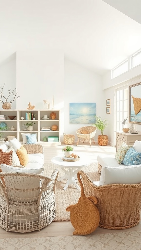 A bright and airy living room decorated in pale sand tones with cozy furniture and coastal decor.