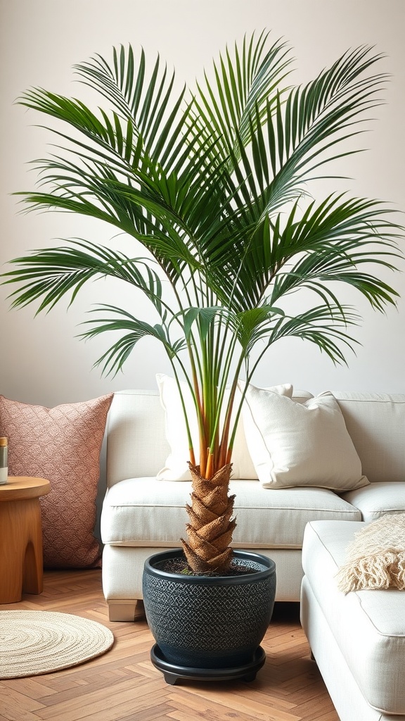 A parlor palm in a decorative pot placed next to a couch with soft pillows.