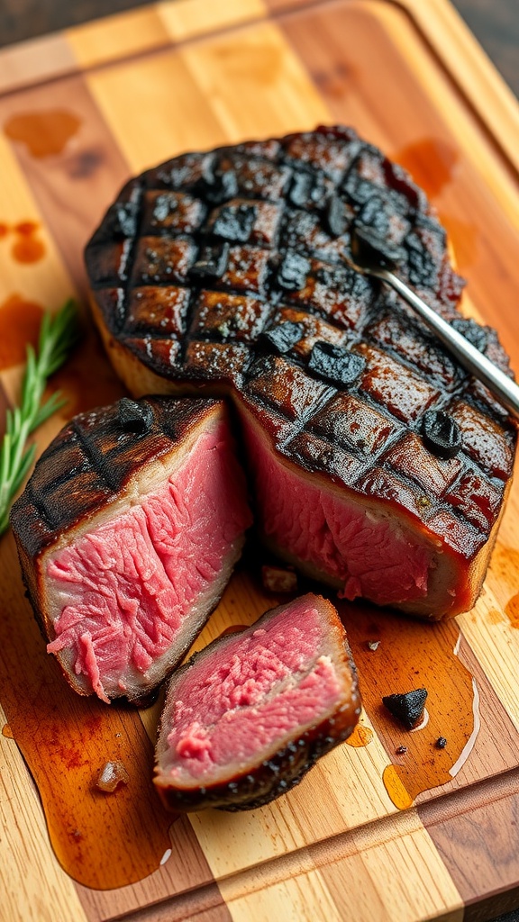 Perfectly seared steak bites on a wooden cutting board.